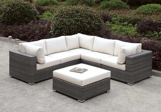 Somani Light Gray Wicker/Ivory Cushion L-Sectional + Ottoman - ATL FURNITURE