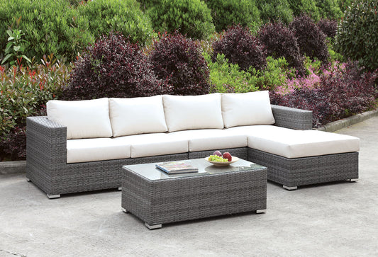 Somani Light Gray Wicker/Ivory Cushion L-Sectional w/ Right Chaise + Coffee Table - ATL FURNITURE