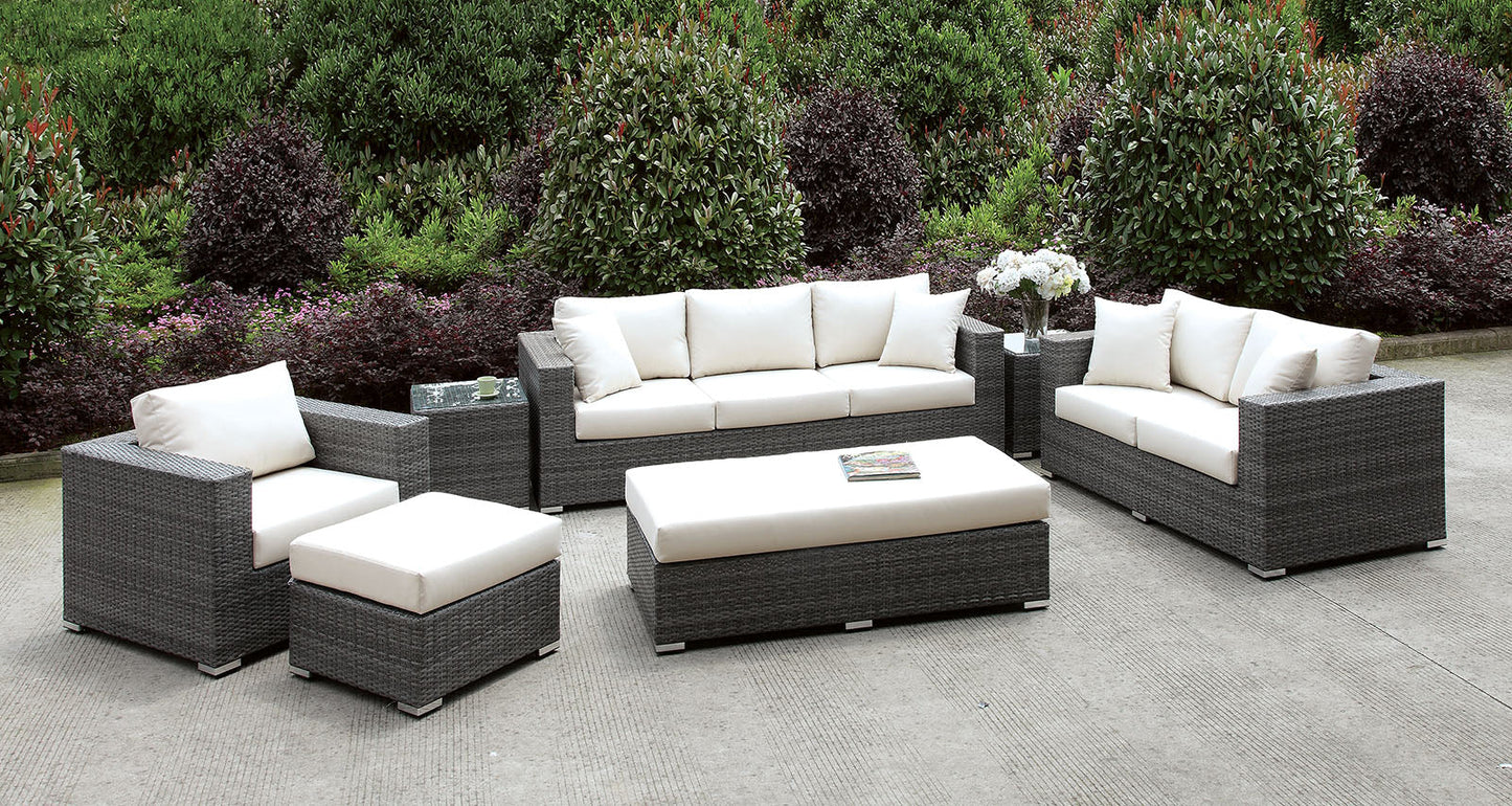 Somani Light Gray Wicker/Ivory Cushion 3 Pc Set + 2 End Tables + Ottoman + Bench - ATL FURNITURE