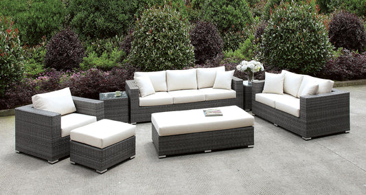 Somani Light Gray Wicker/Ivory Cushion 3 Pc Set + 2 End Tables + Ottoman + Bench - ATL FURNITURE