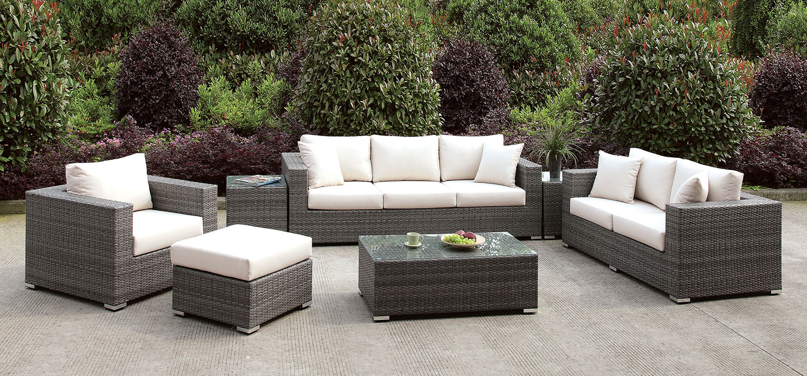 Somani Light Gray Wicker/Ivory Cushion 3 Pc Set + Ottoman + Bench + 2 End Tables - ATL FURNITURE