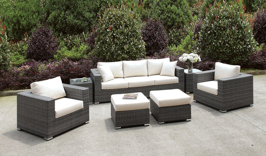 Somani Light Gray Wicker/Ivory Cushion Sofa+2 Chairs+2 End Tables+2 Small Ottomans - ATL FURNITURE