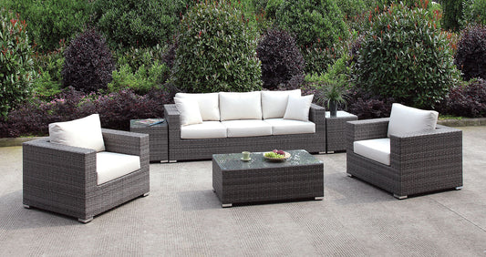 Somani Light Gray Wicker/Ivory Cushion Sofa + 2 Chairs + 2 End Tables + Coffee Table - ATL FURNITURE