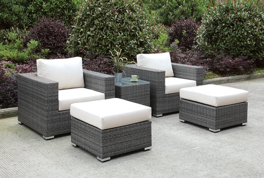 Somani Light Gray Wicker/Ivory Cushion 2 Chairs + 2 Ottomans + End Table - ATL FURNITURE