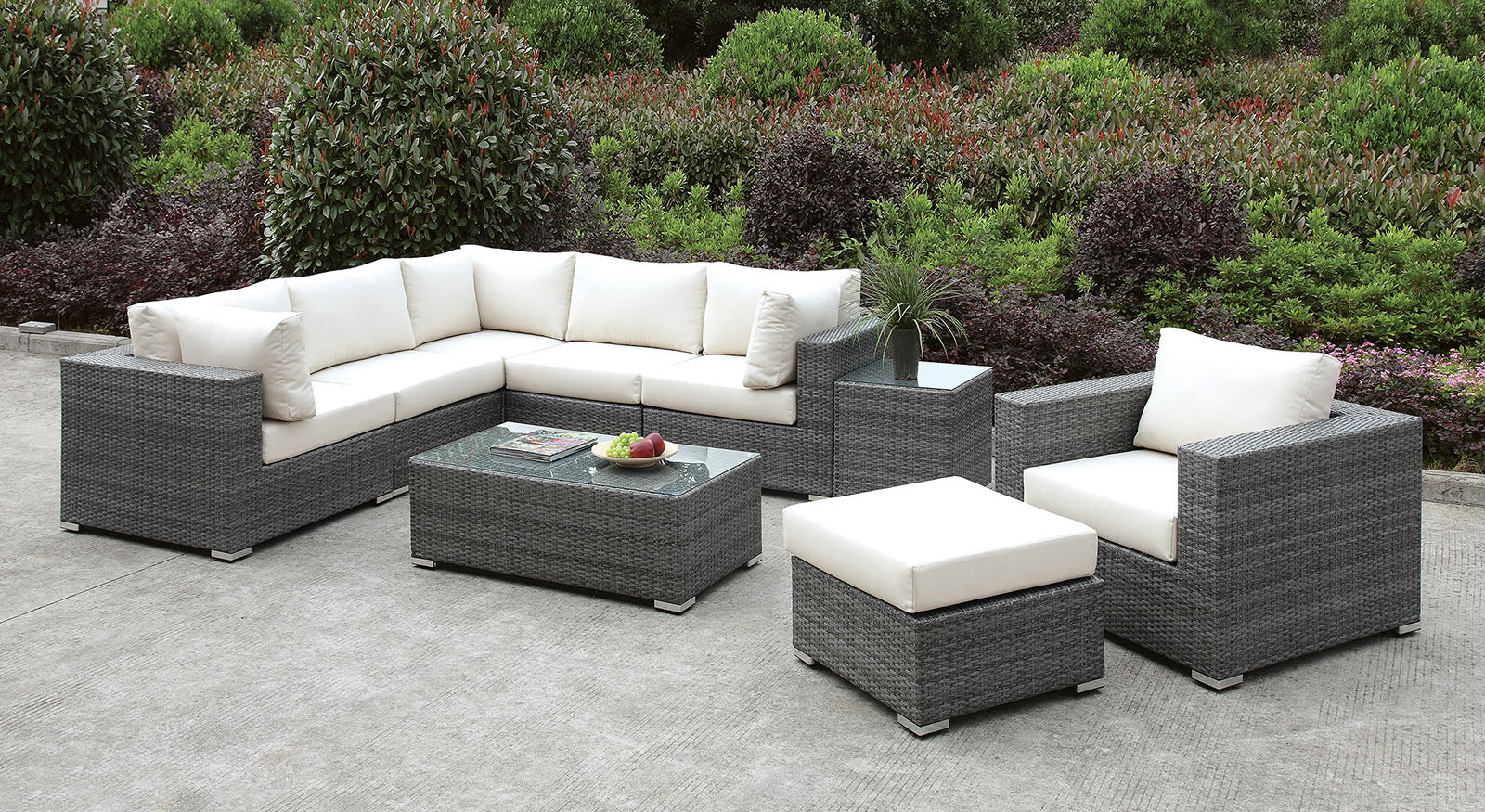 Somani Light Gray Wicker/Ivory Cushion L-Sectional + Chair + Ottoman + Coffee Table - ATL FURNITURE