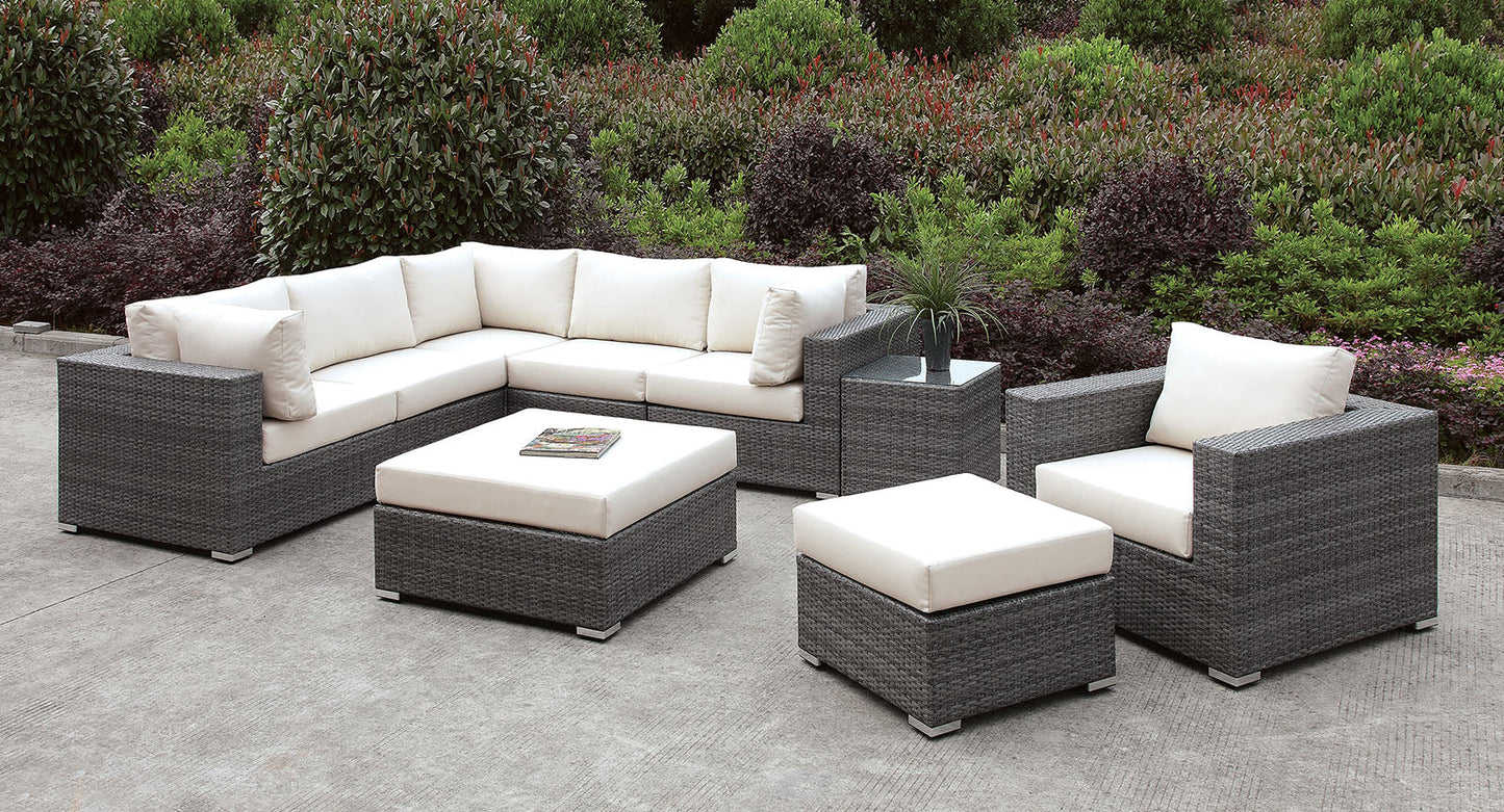 Somani Light Gray Wicker/Ivory Cushion L-Sectional + Chair + 2 Ottomans - ATL FURNITURE