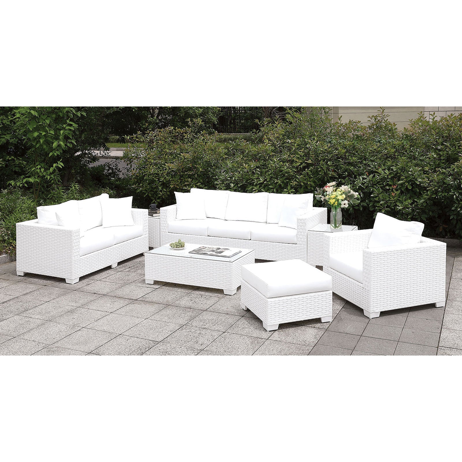 Somani Light Gray Wicker/Ivory Cushion L-Sectional + Large Ottoman + End Table + Chair + Ottoman - ATL FURNITURE