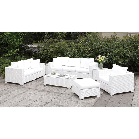 Somani Light Gray Wicker/Ivory Cushion L-Sectional + Large Ottoman + End Table + Chair + Ottoman - ATL FURNITURE