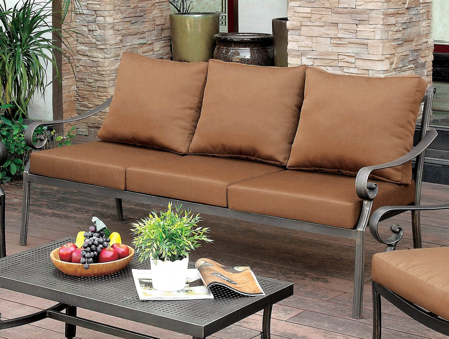 BONQUESHA I Brown/Distressed Black Patio Sofa - ATL FURNITURE