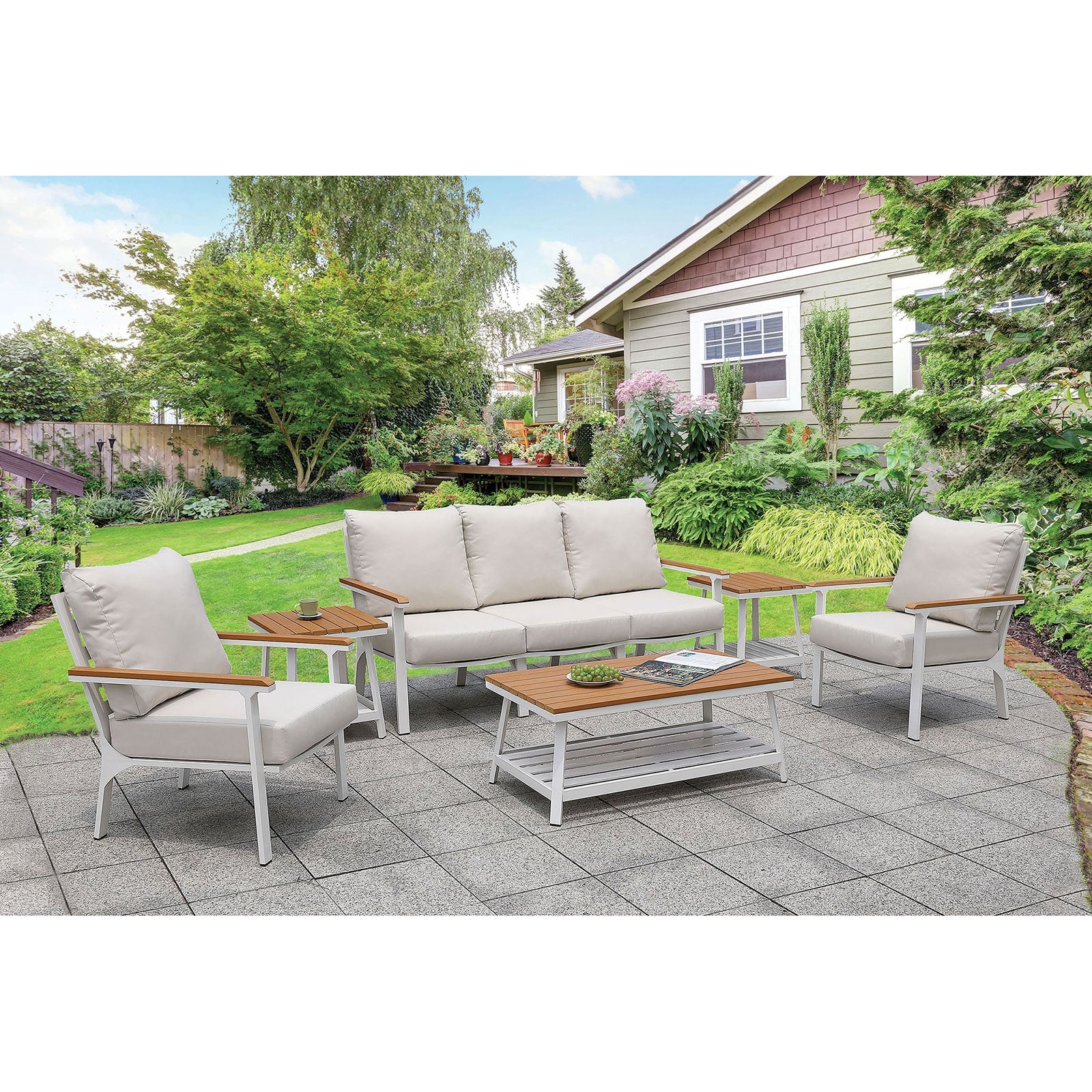 Anishan White/Oak 6 Pc. Patio Set - ATL FURNITURE