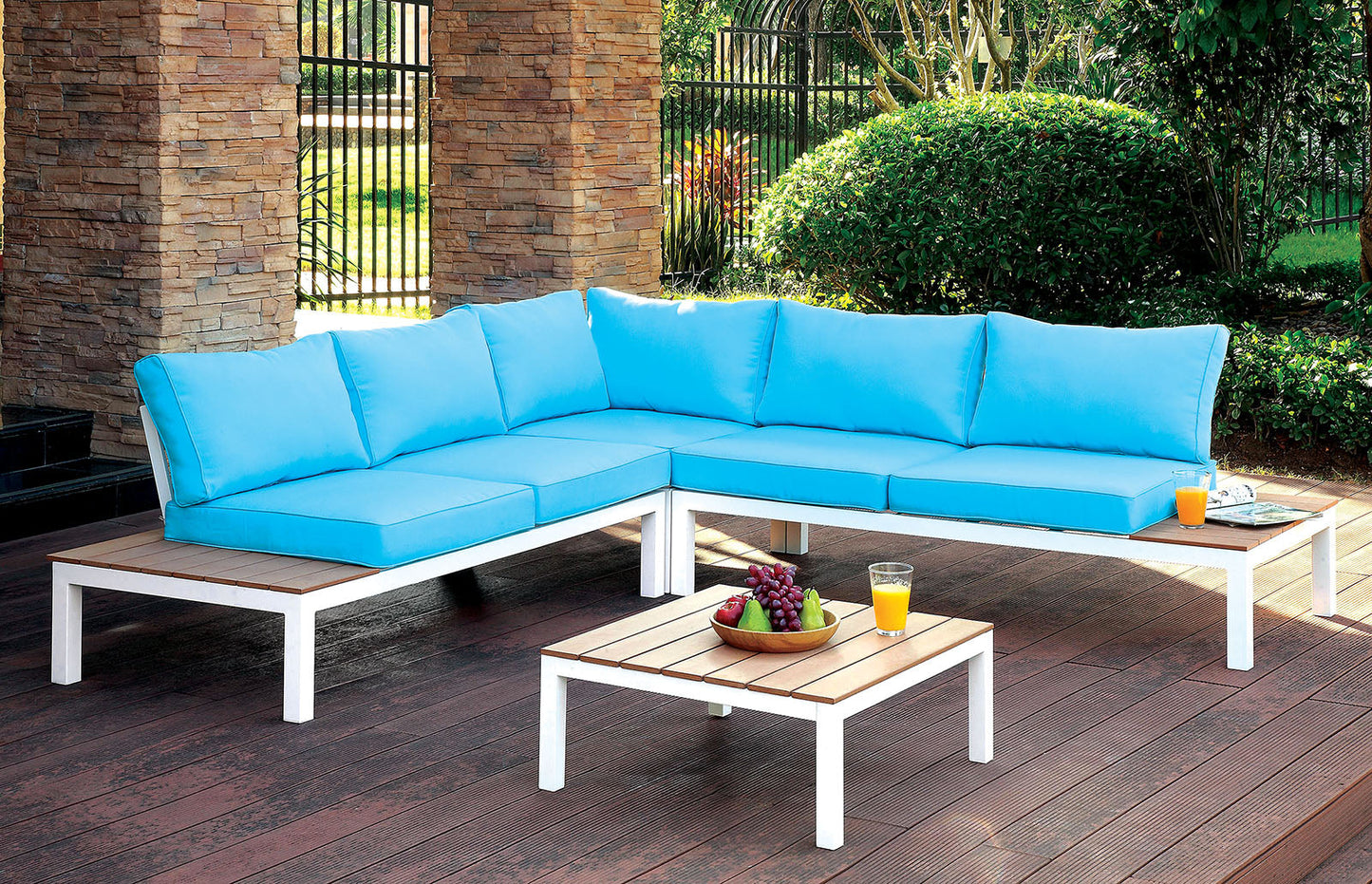 WINONA White/Oak/Blue Patio Sectional w/ Table - ATL FURNITURE