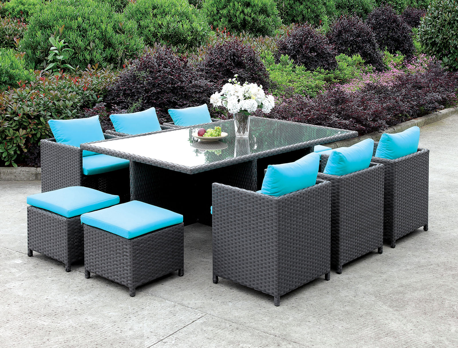 Ashanti Light Brown Wicker/Turquoise Cushion 11 Pc. Patio Dining Table Set - ATL FURNITURE