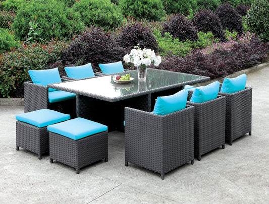 Ashanti Light Brown Wicker/Turquoise Cushion 11 Pc. Patio Dining Table Set - ATL FURNITURE