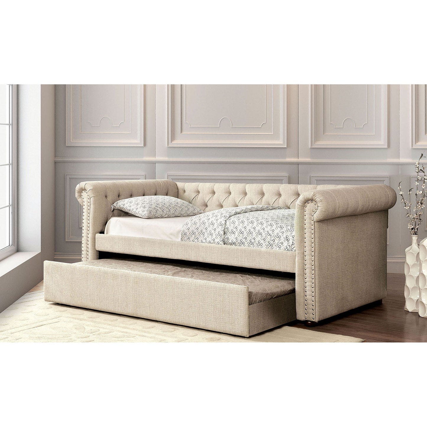 LEANNA Beige Twin Daybed w/ Trundle, Beige - ATL FURNITURE