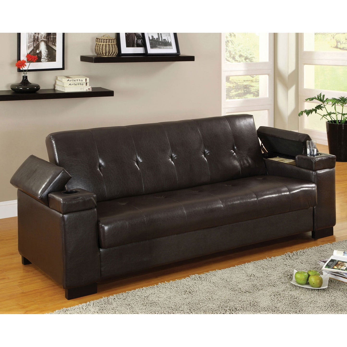 Logan Espresso Leatherette Futon Sofa w/ Storage - ATL FURNITURE