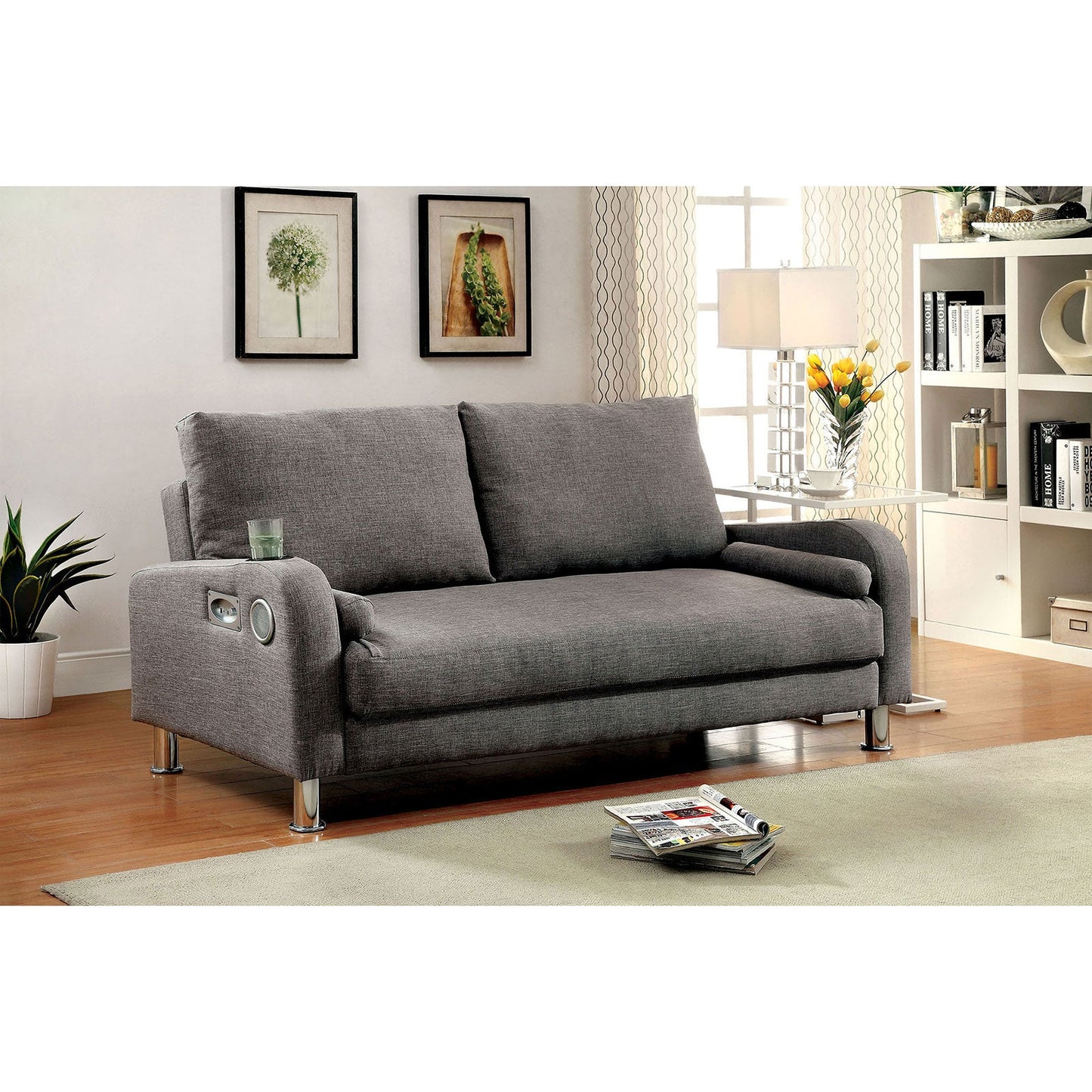 RAQUEL Gray/Chrome Futon Sofa - ATL FURNITURE