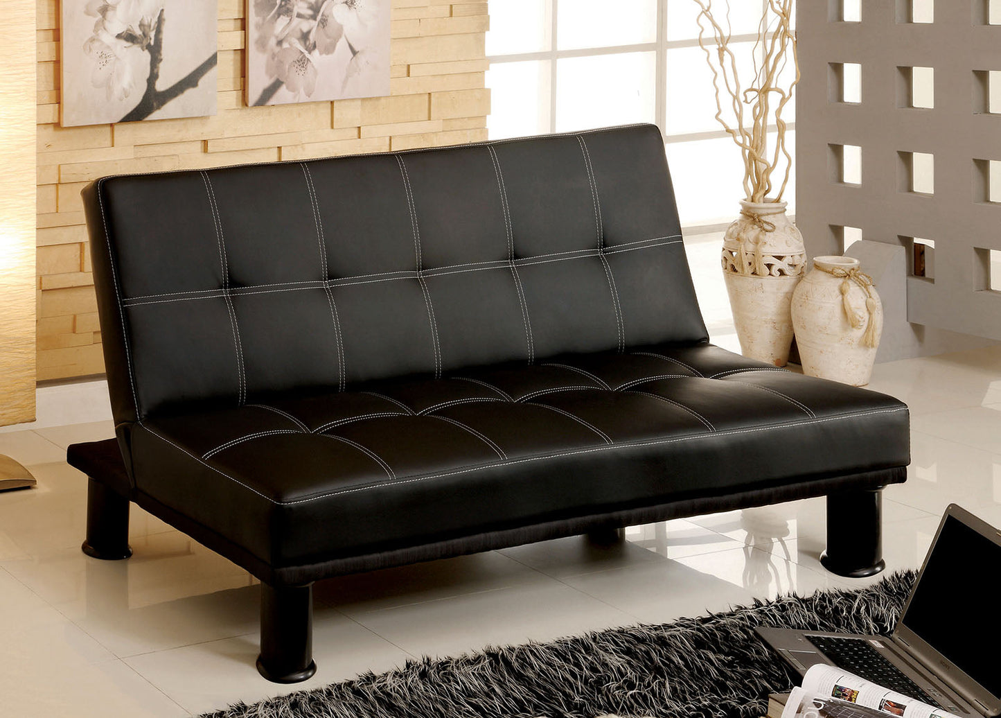 Quinn Black Leatherette Futon Sofa - ATL FURNITURE