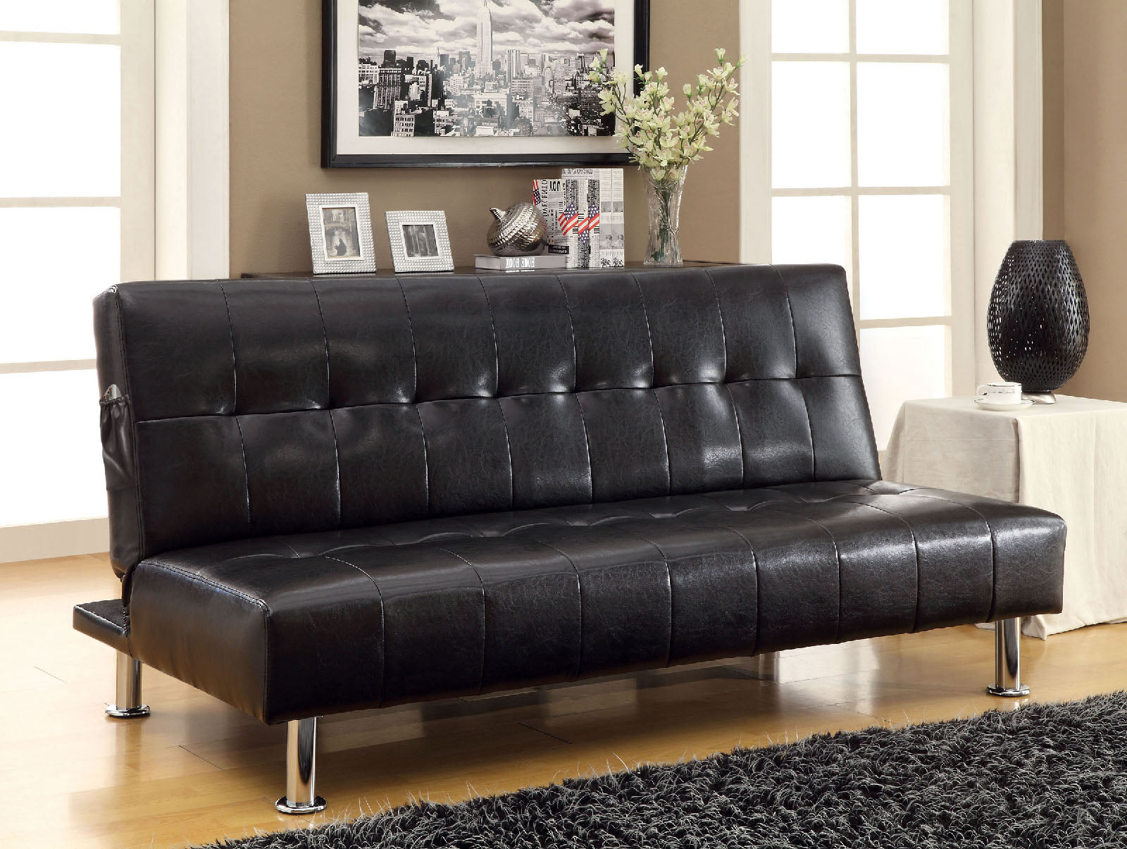 Bulle Black/Chrome Leatherette Futon Sofa, Black - ATL FURNITURE