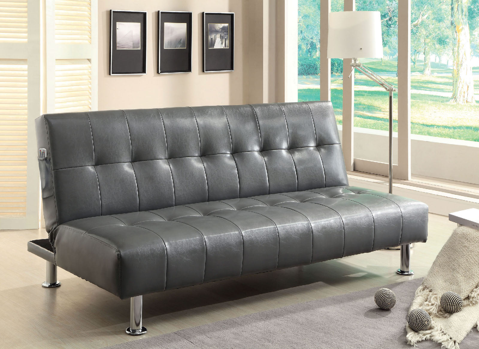 Bulle Gray Leatherette Futon Sofa, Gray - ATL FURNITURE