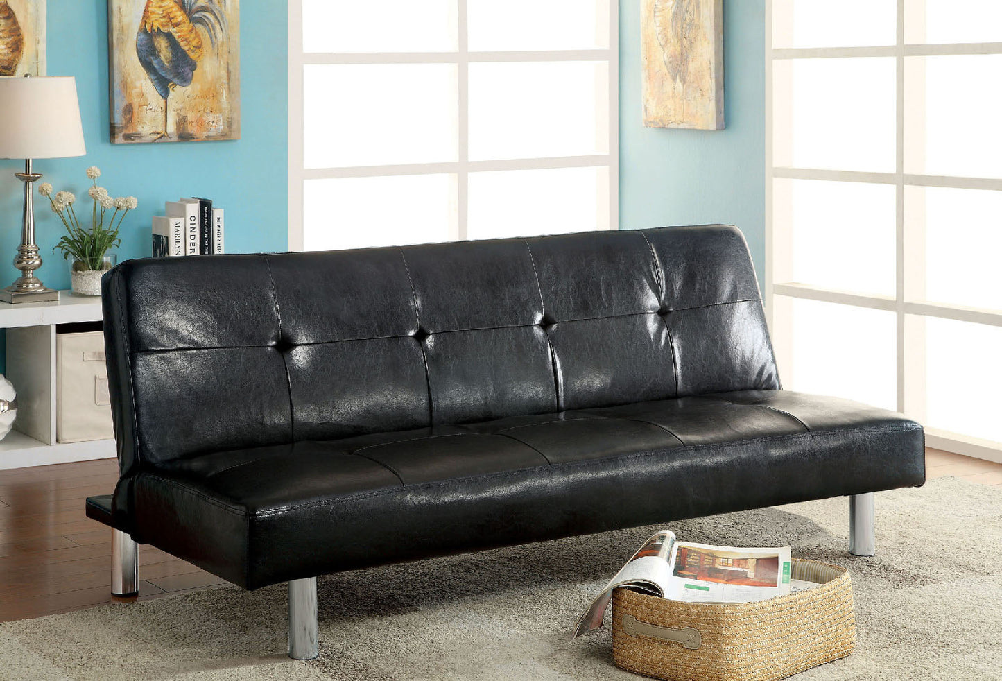 EDDI Black/Chrome Futon Sofa, Black - ATL FURNITURE