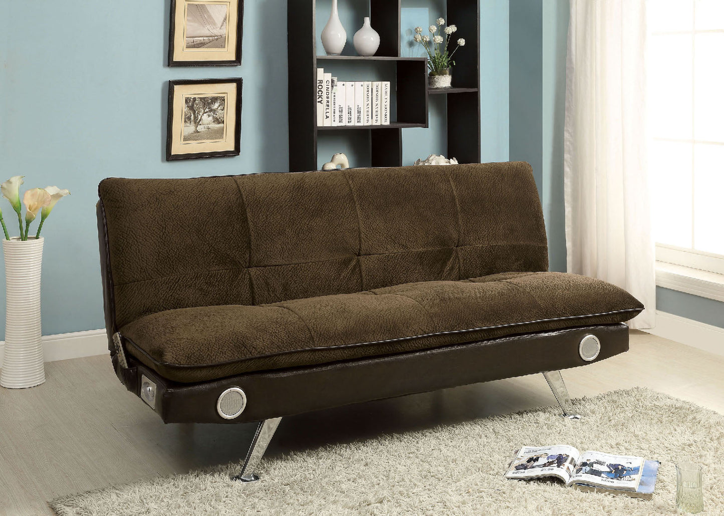 GALLAGHER Dark Brown/Chrome Futon Sofa w/ Bluetooth Speaker, Brown - ATL FURNITURE