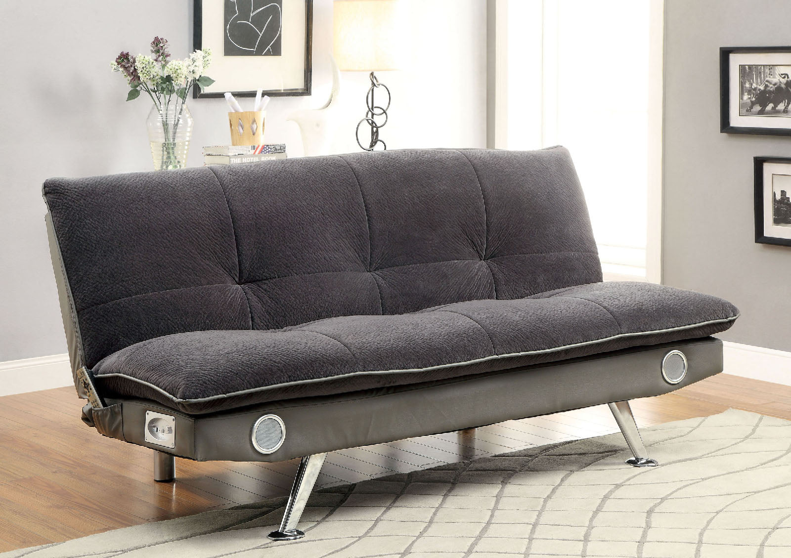 GALLAGHER Gray/Chrome Futon Sofa, Gray - ATL FURNITURE