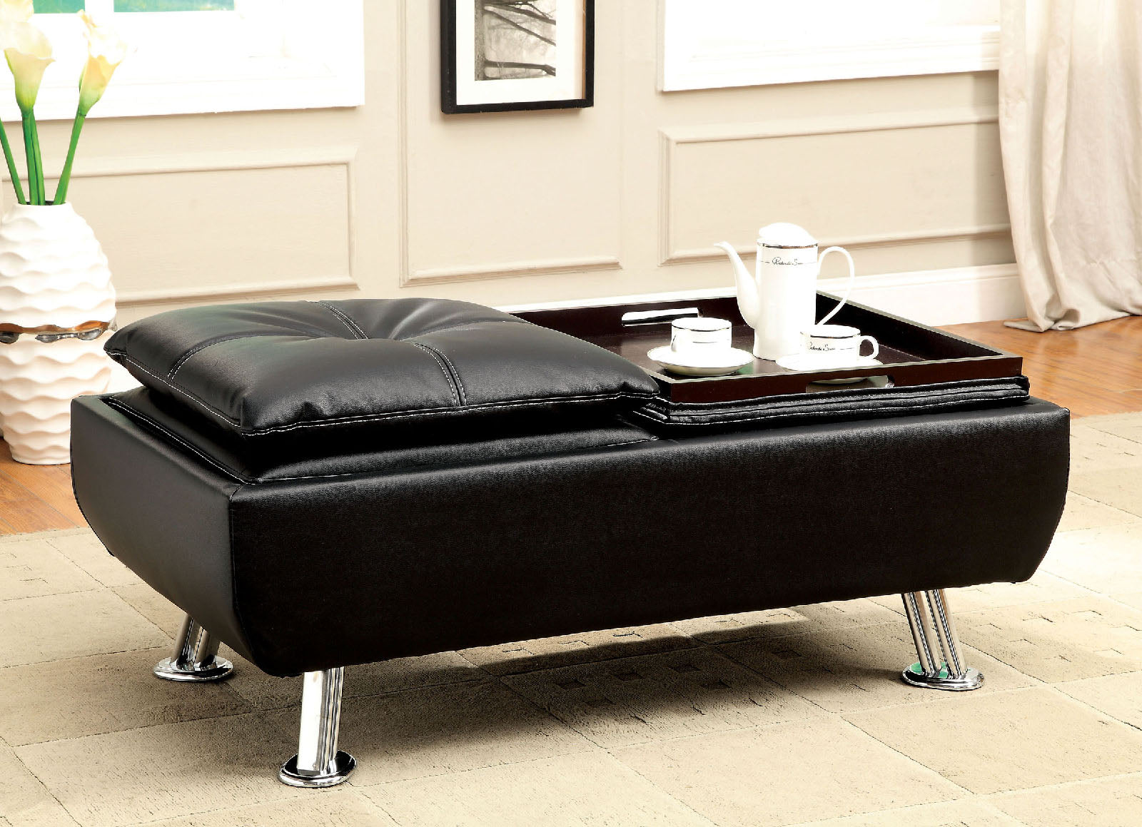 HAUSER II Black/Chrome Ottoman, Black - ATL FURNITURE