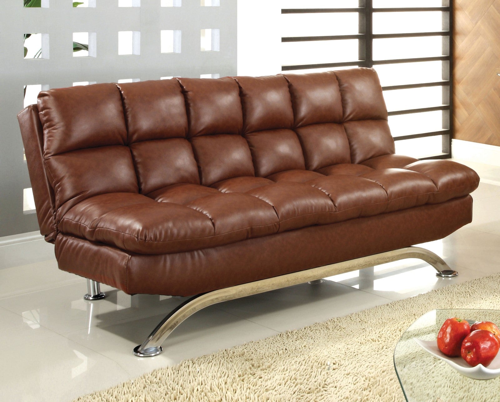 Aristo Saddle Brown Leatherette Futon Sofa, Saddle Brown - ATL FURNITURE