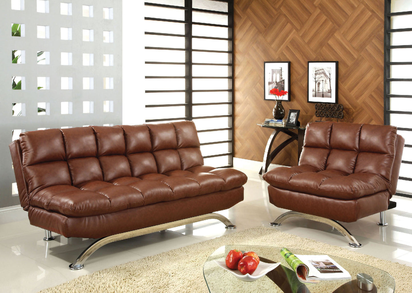 Aristo Saddle Brown Futon Sofa + Chair - ATL FURNITURE