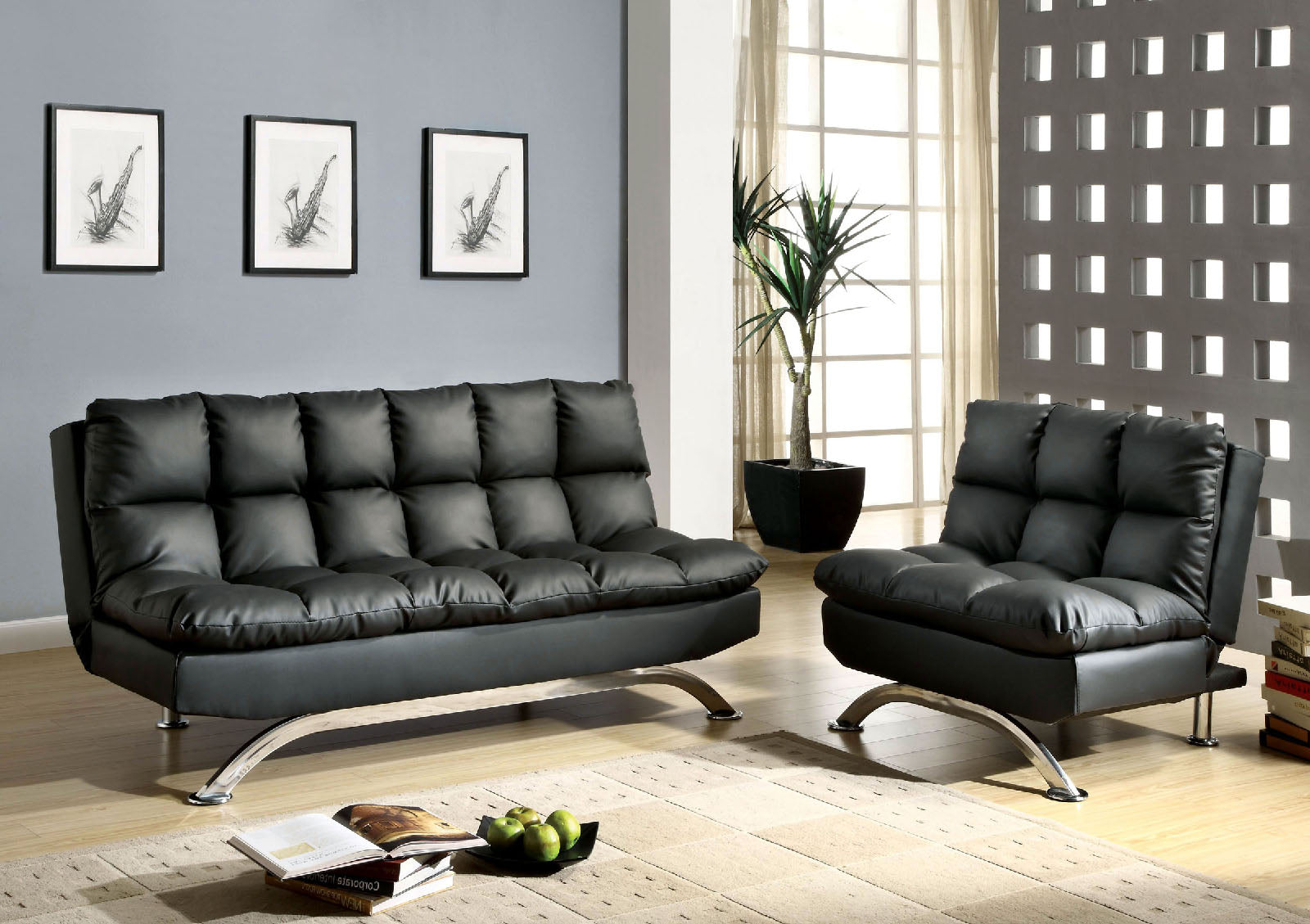 Aristo Black Futon Sofa + Chairs - ATL FURNITURE