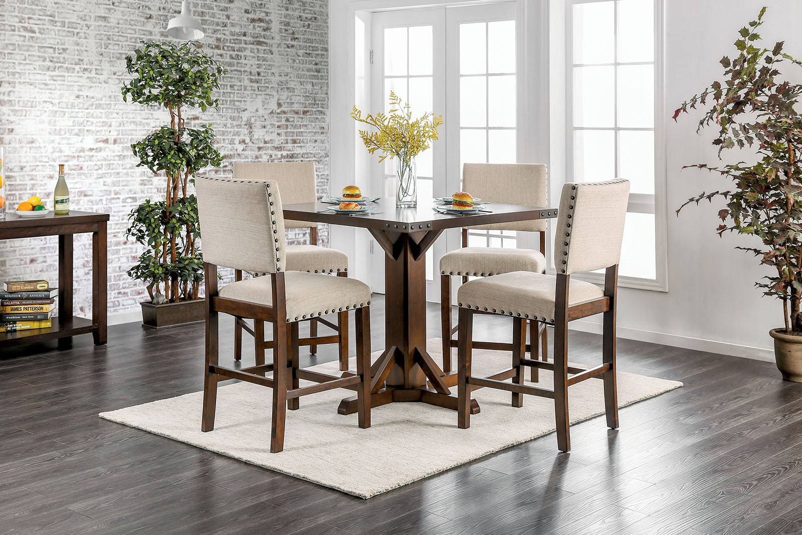 GLENBROOK Brown Cherry, Ivory 5 Pc. Counter Ht. Table Set - ATL FURNITURE