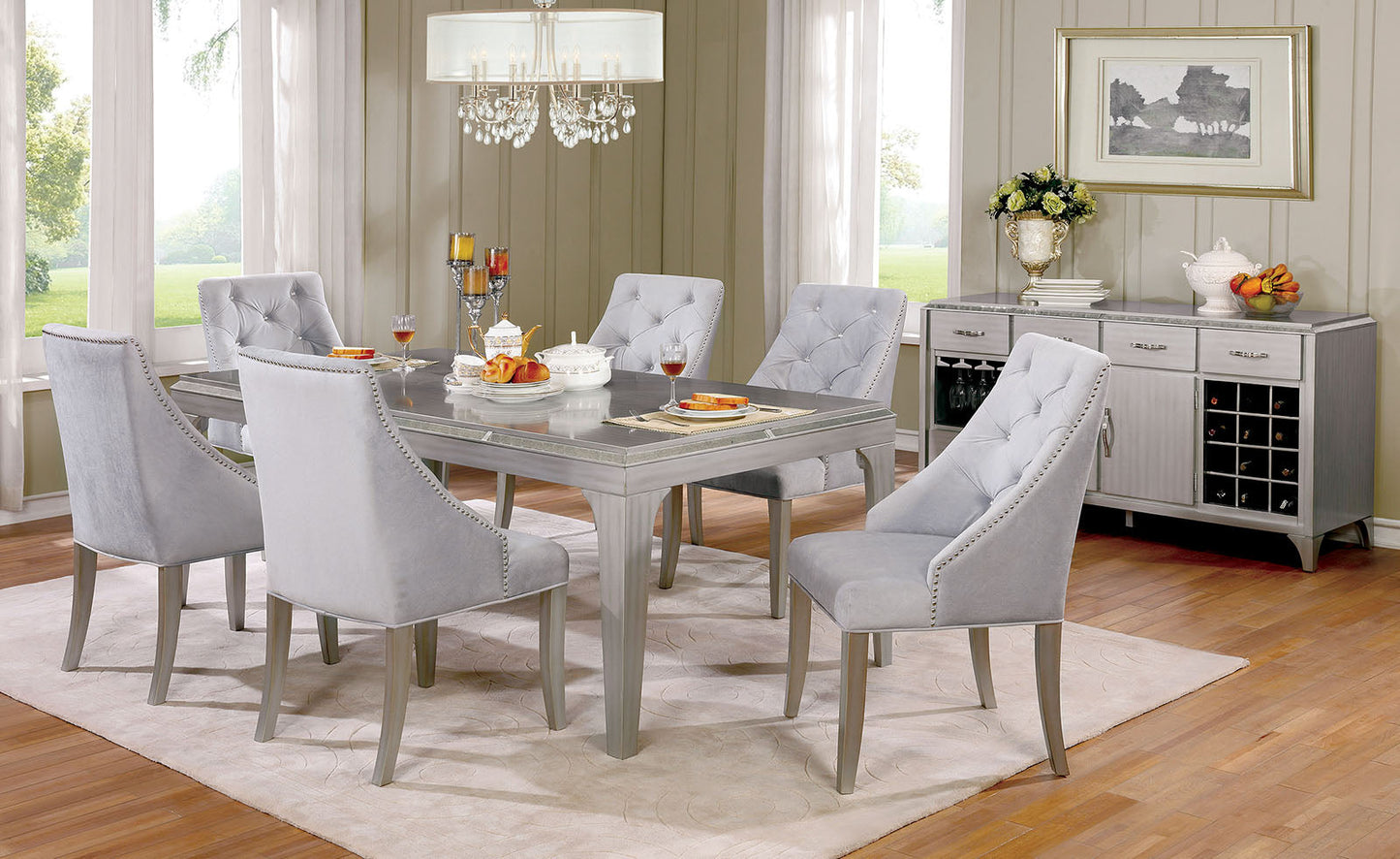 DIOCLES Silver, Light Gray 6 Pc. Dining Table Set w/ Bench - ATL FURNITURE