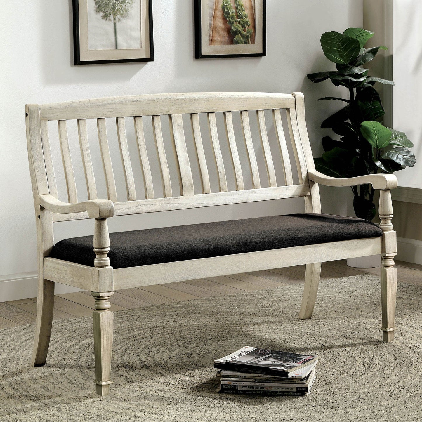 Georgia Antique White/Gray Love Seat Bench - ATL FURNITURE