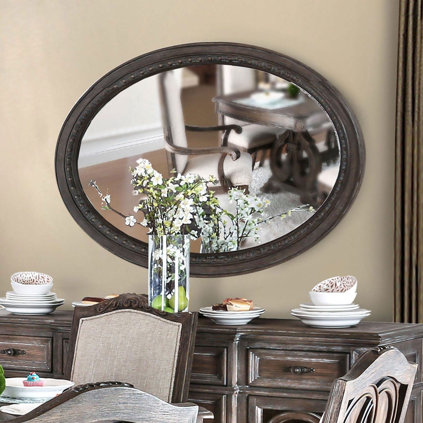 ARCADIA Rustic Natural Tone Mirror, Oval - ATL FURNITURE