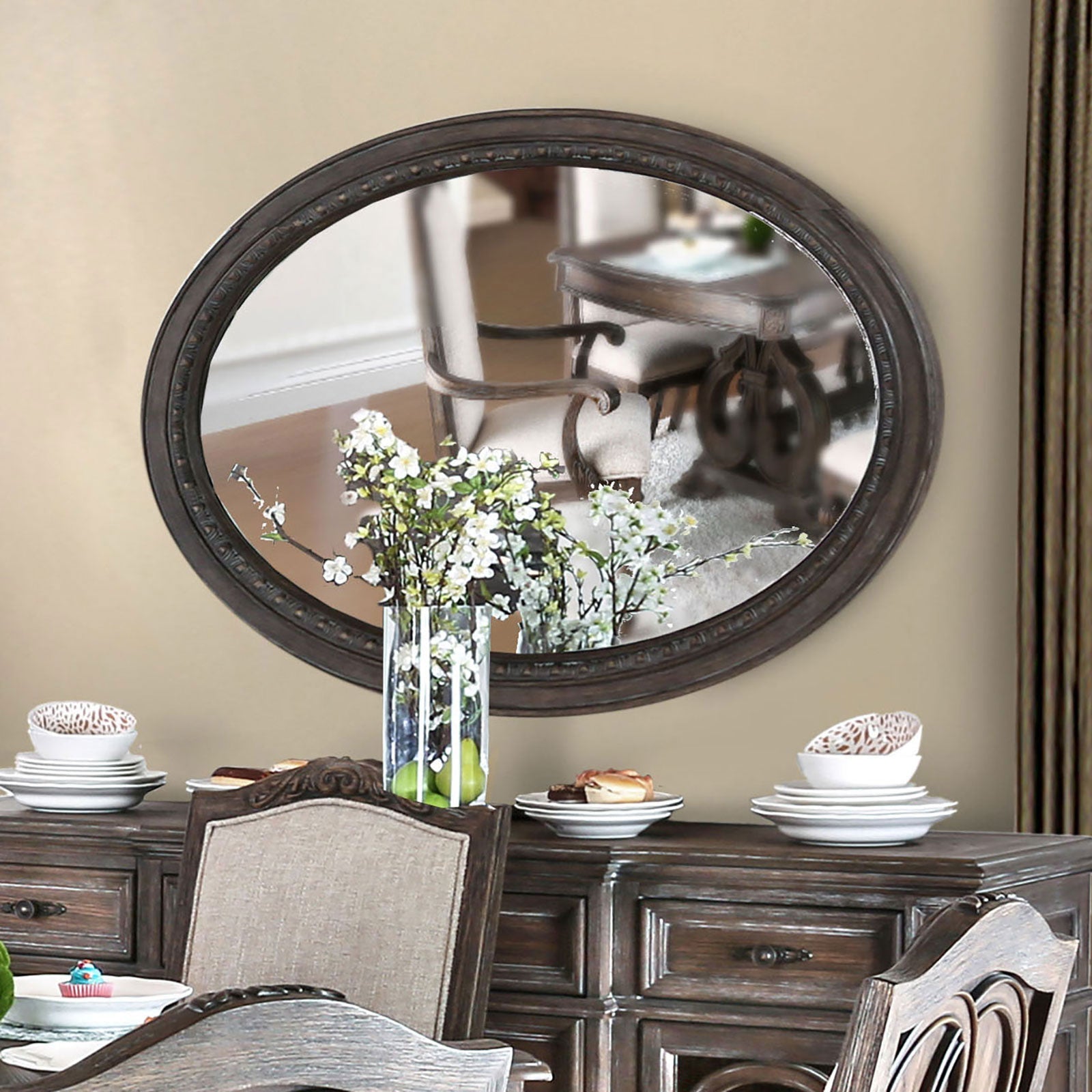 ARCADIA Rustic Natural Tone Mirror, Oval - ATL FURNITURE