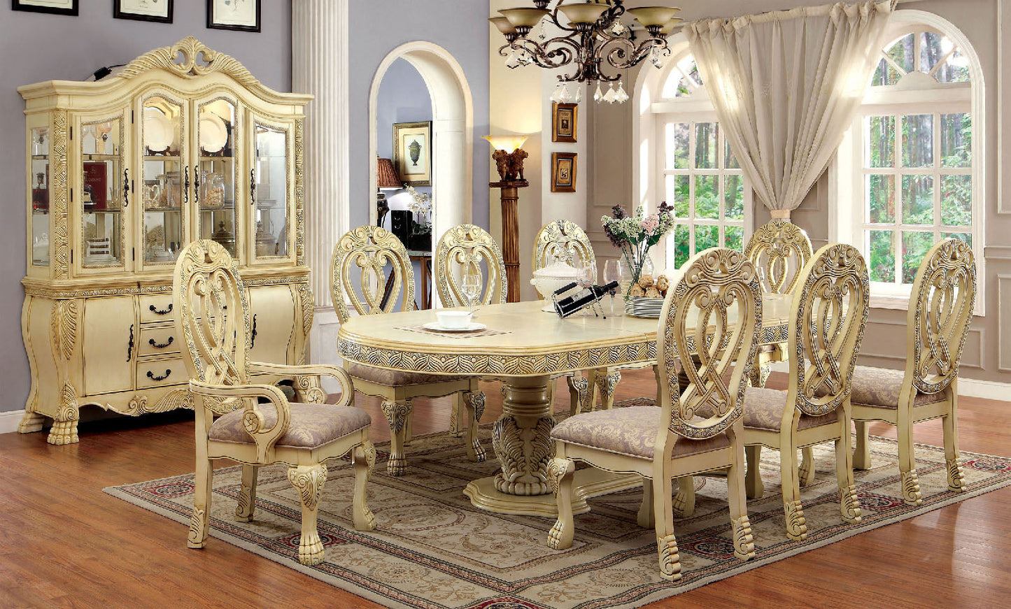 WYNDMERE Vintage White 9 Pc. Dining Table Set (2AC+6SC) - ATL FURNITURE