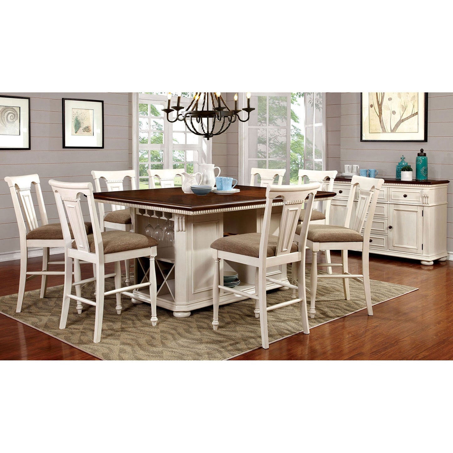 SABRINA Off White/Cherry 9 Pc. Counter Ht. Dining Table Set - ATL FURNITURE