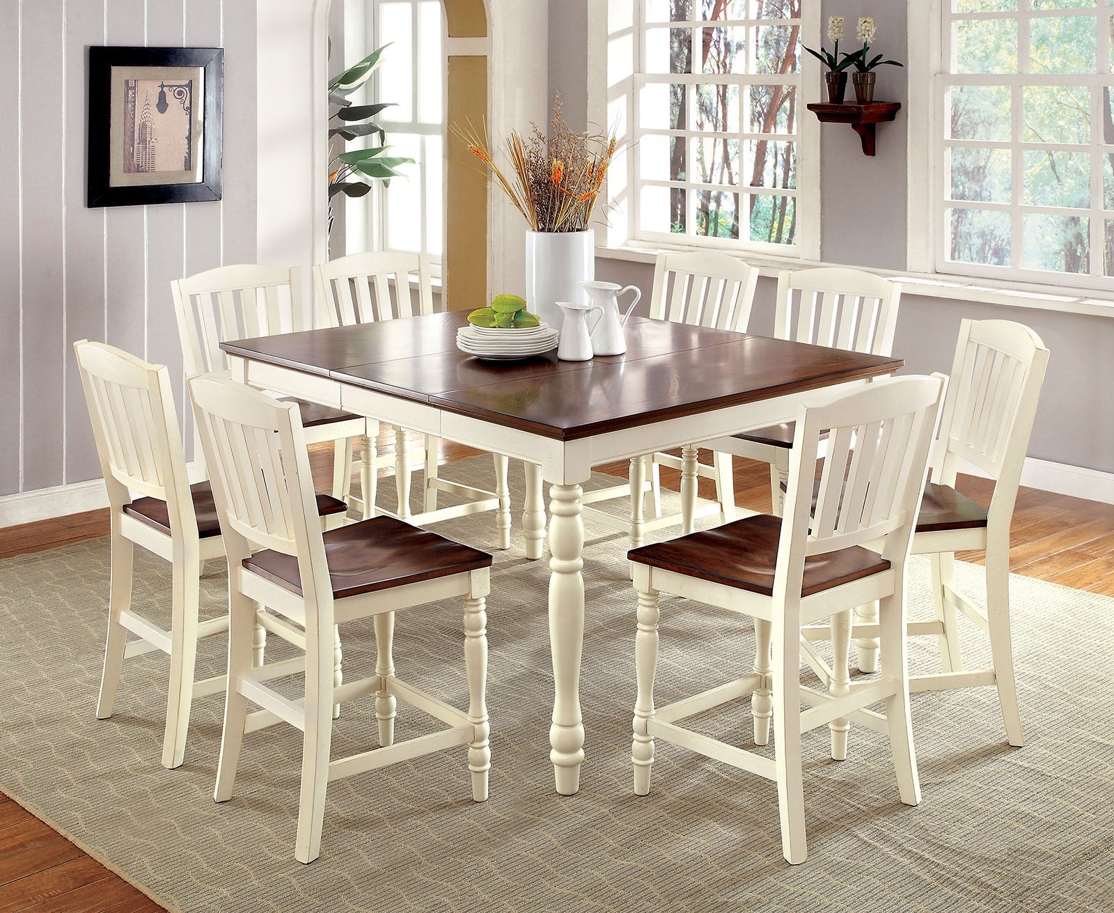 HARRISBURG II Vintage White/Dark Oak 9 Pc. Counter Ht. Dining Table Set - ATL FURNITURE