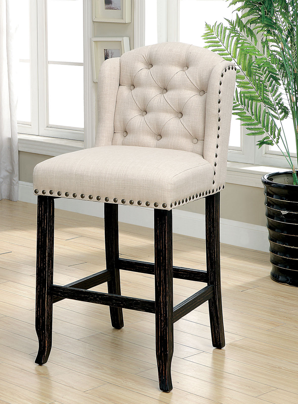 SANIA II Antique Black, Ivory Bar Ht. Wingback Chair (2/CTN) - ATL FURNITURE