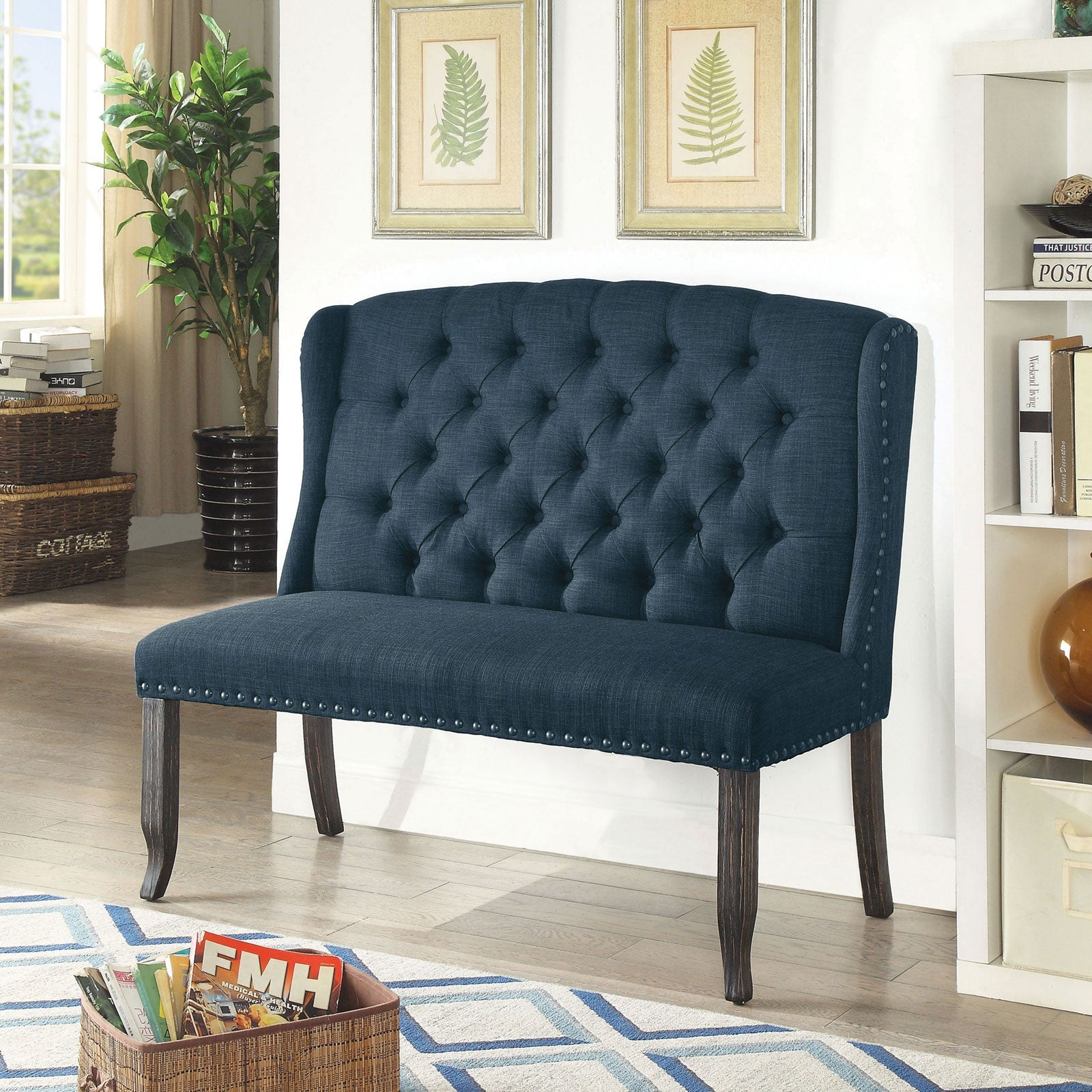 Sania III Blue 2-Seater Love Seat Bench, Blue - ATL FURNITURE