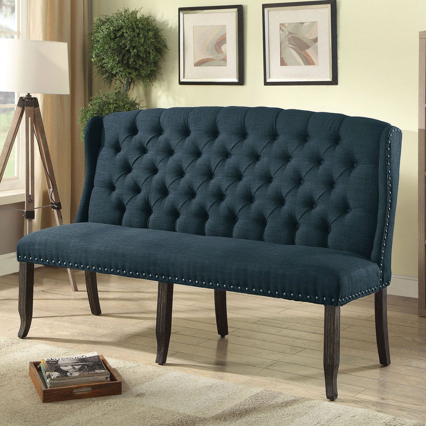 Sania III Blue 3-Seater Love Seat Bench, Blue - ATL FURNITURE