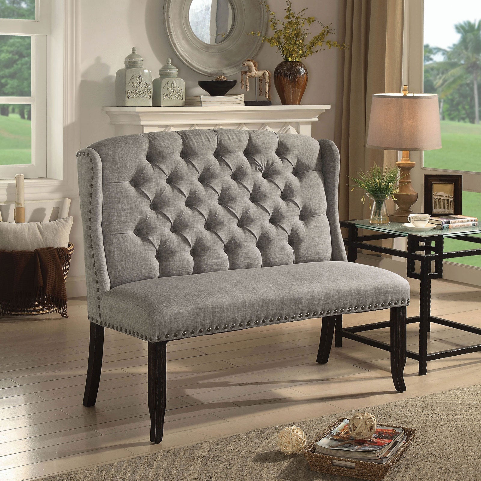 Sania III Light Gray 2-Seater Love Seat Bench - ATL FURNITURE