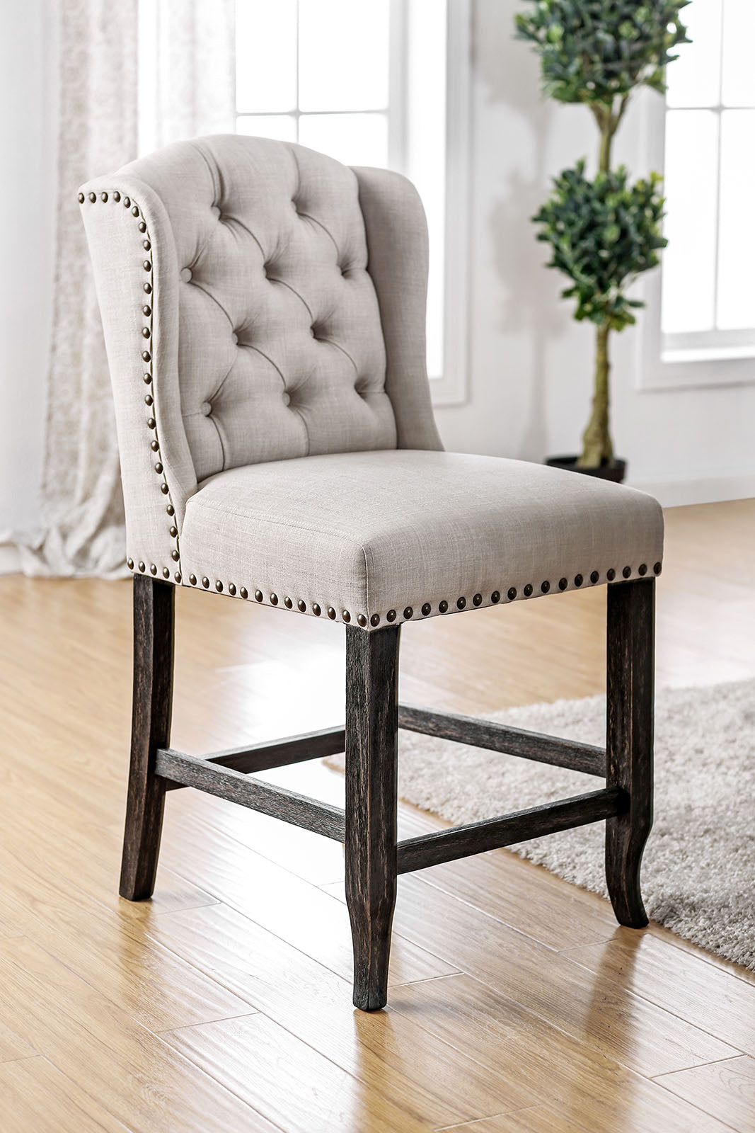 SANIA III Antique Black, Ivory Counter Ht. Wingback Chair (2/CTN) - ATL FURNITURE