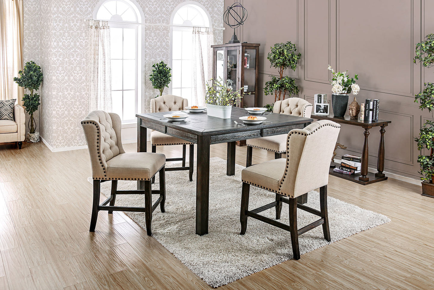 SANIA III Antique Black, Ivory 5 Pc. Sq Counter Ht. Table Set w/ Wingback Chairs - ATL FURNITURE