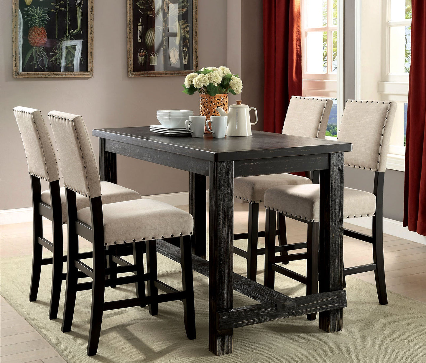 SANIA II Antique Black, Ivory 5 Pc. Counter Ht. Table Set w/ Wingback Chairs - ATL FURNITURE