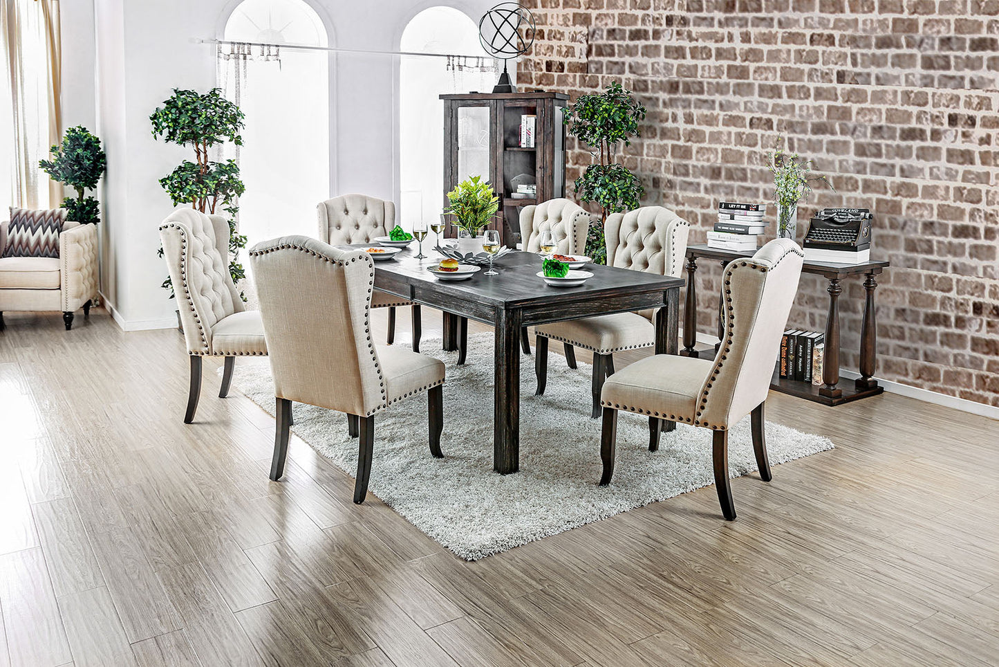 SANIA I Antique Black, Ivory 7 Pc. Dining Table Set - ATL FURNITURE