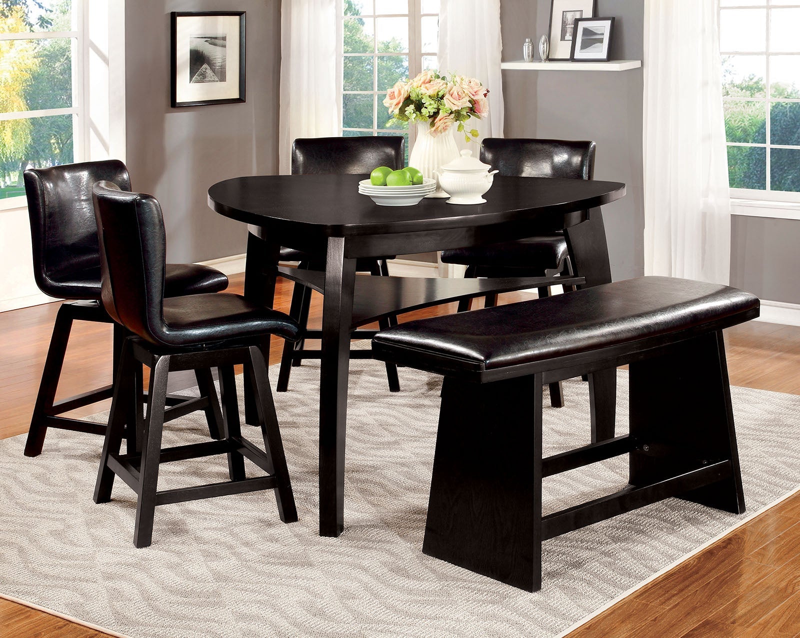 HURLEY Black 5 Pc. Counter Ht. Table Set + Bench - ATL FURNITURE