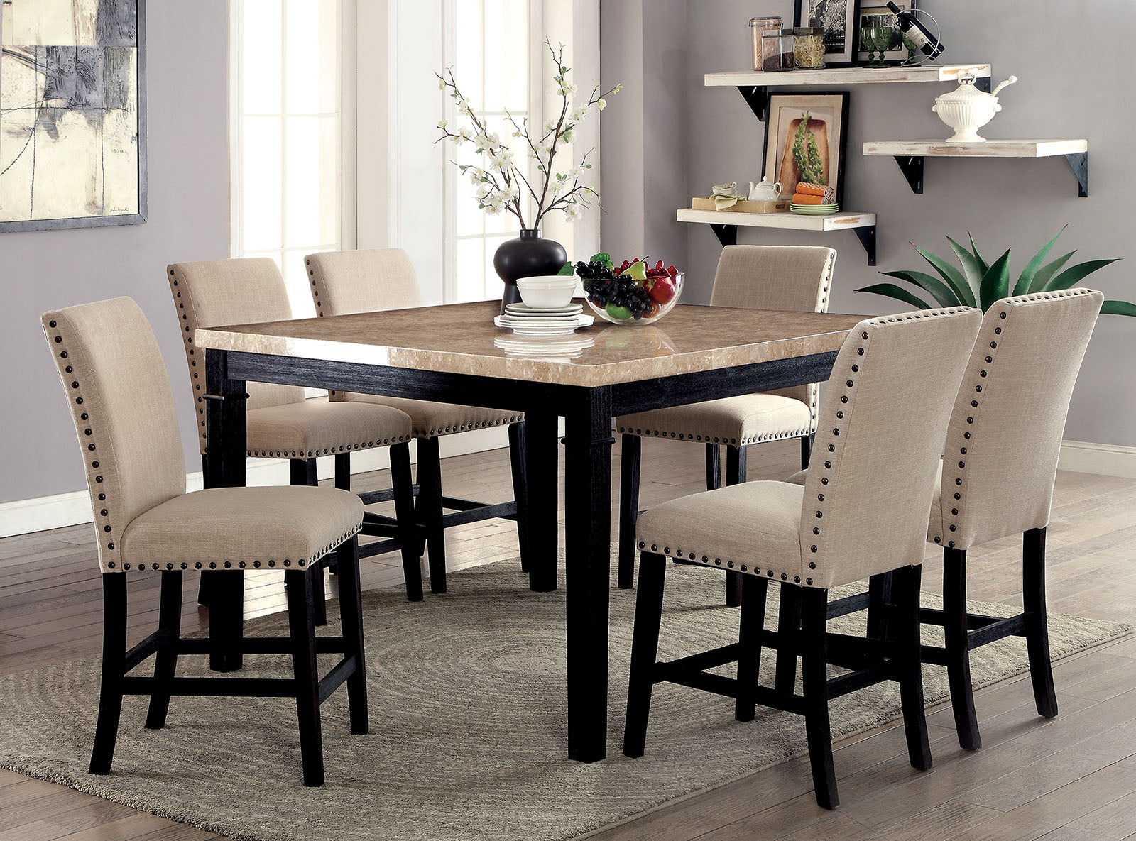 DODSON II Black, Ivory 7 Pc. Counter Ht. Table Set - ATL FURNITURE