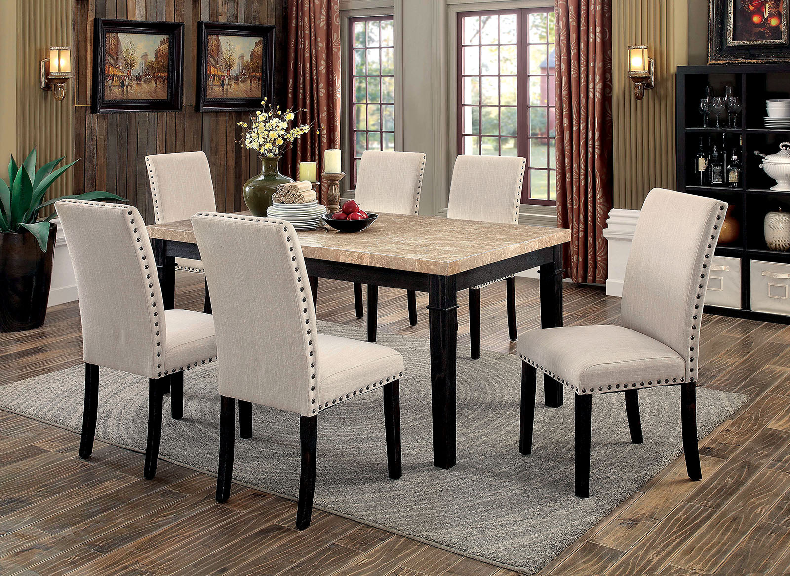 DODSON I Black, Ivory 6 Pc. Dining Table Set w/ Bench - ATL FURNITURE