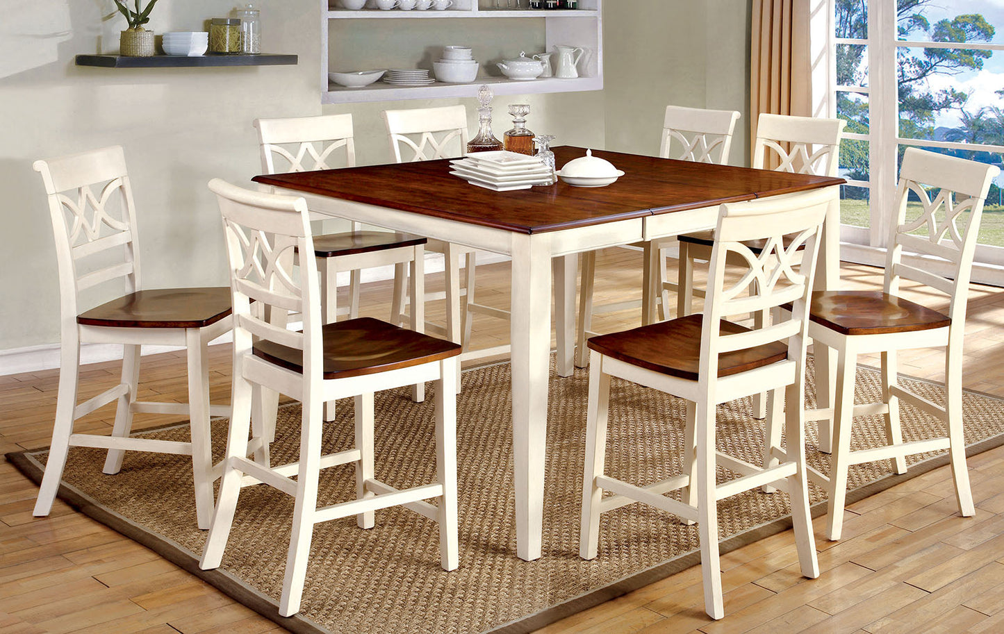 TORRINGTON II Vintage White/Cherry 9 Pc. Counter Ht. Dining Table Set - ATL FURNITURE